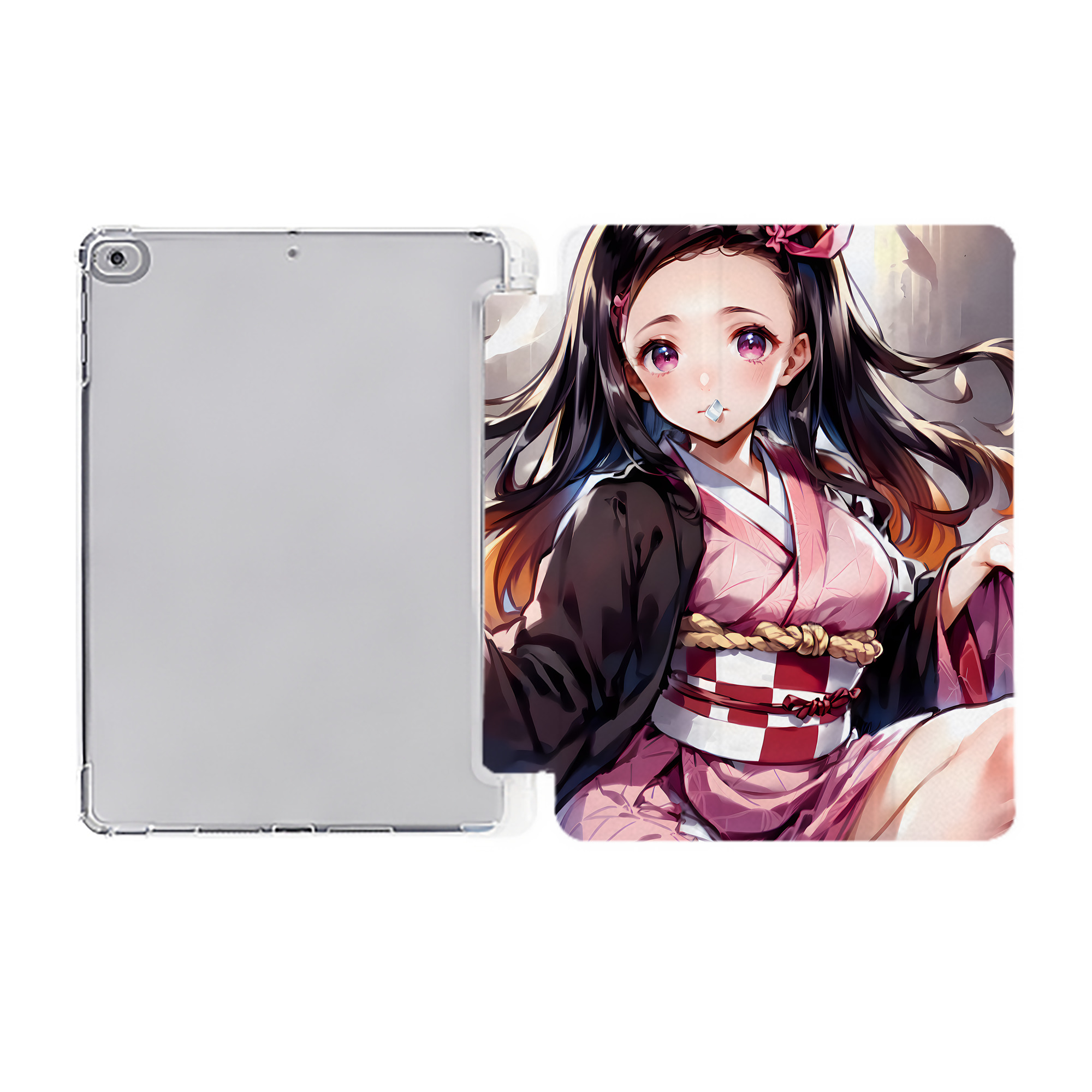 （画像用） 鬼滅の刃（きめつのやいば）竈門 禰󠄀豆子／かまど ねずこ Kamado Nezuko IPad ケース ペン収納付き 三つ折りスタンド PUレザー×シリコン 対応機種9.5/10.5/10.9インチ